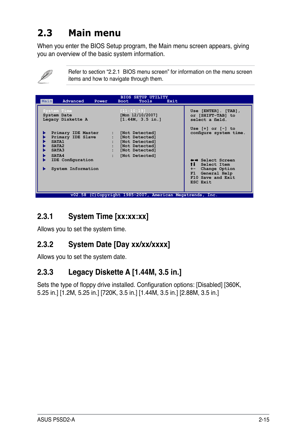 3 main menu, 1 system time [xx:xx:xx, Allows you to set the system time | Allows you to set the system date | Asus P5SD2-A User Manual | Page 63 / 96