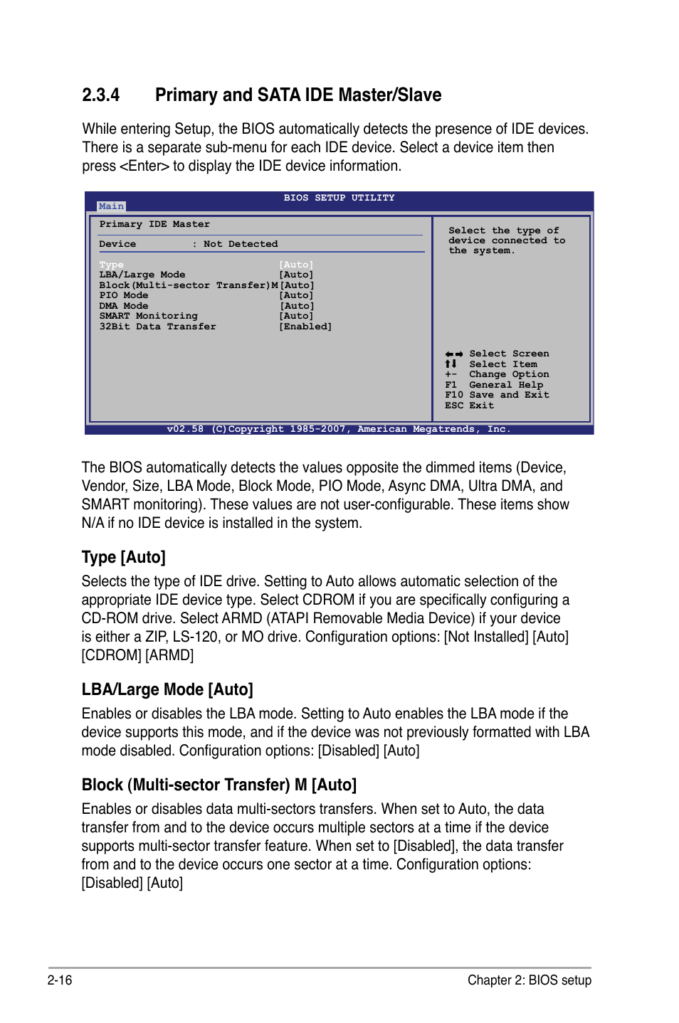 4 primary and sata ide master/slave, Type [auto, Lba/large mode [auto | Block (multi-sector transfer) m [auto | Asus P5SD2-A User Manual | Page 64 / 96