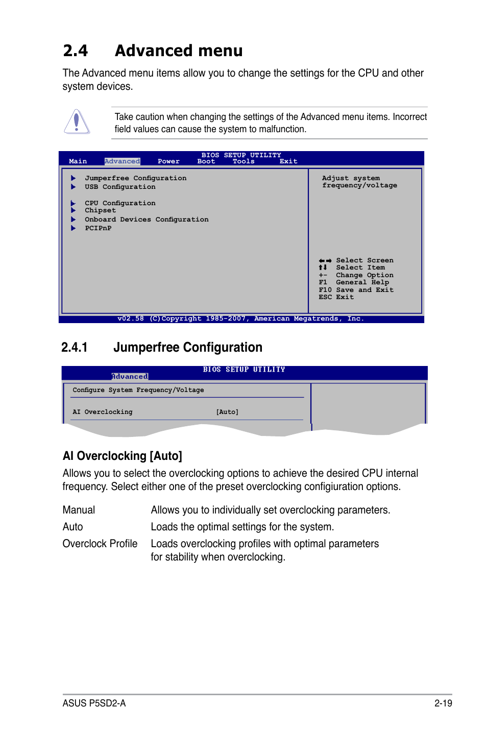 4 advanced menu, 1 jumperfree configuration, Ai overclocking [auto | Asus P5SD2-A User Manual | Page 67 / 96