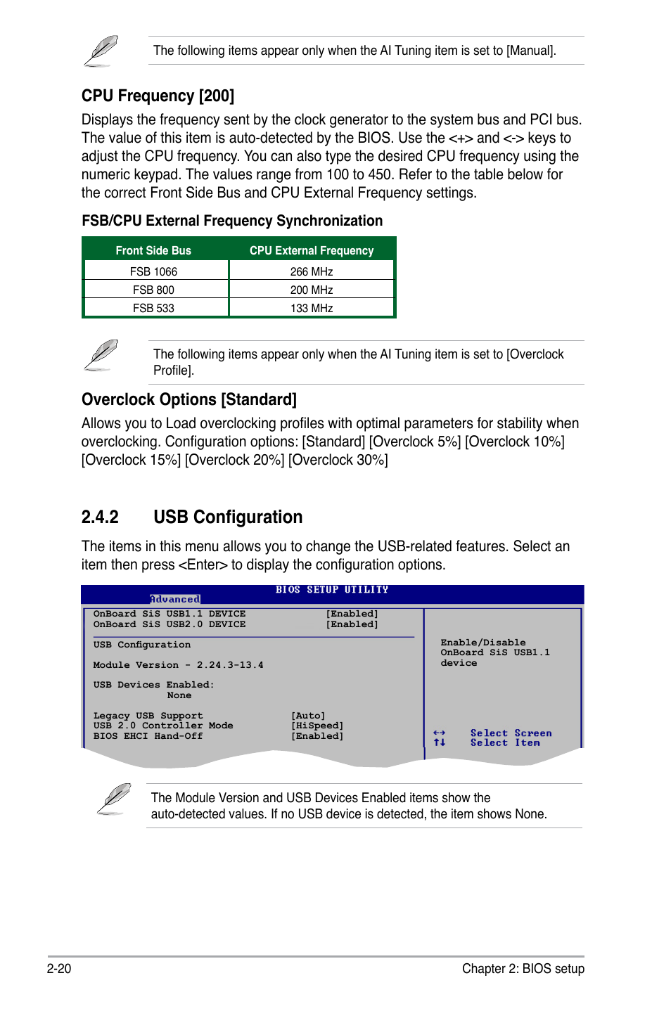 2 usb configuration, Cpu frequency [200, Overclock options [standard | Asus P5SD2-A User Manual | Page 68 / 96