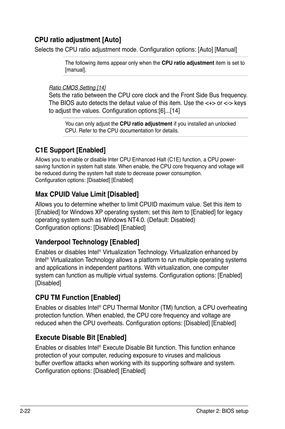 Cpu ratio adjustment [auto, C1e support [enabled, Max cpuid value limit [disabled | Vanderpool technology [enabled, Cpu tm function [enabled, Execute disable bit [enabled | Asus P5SD2-A User Manual | Page 70 / 96
