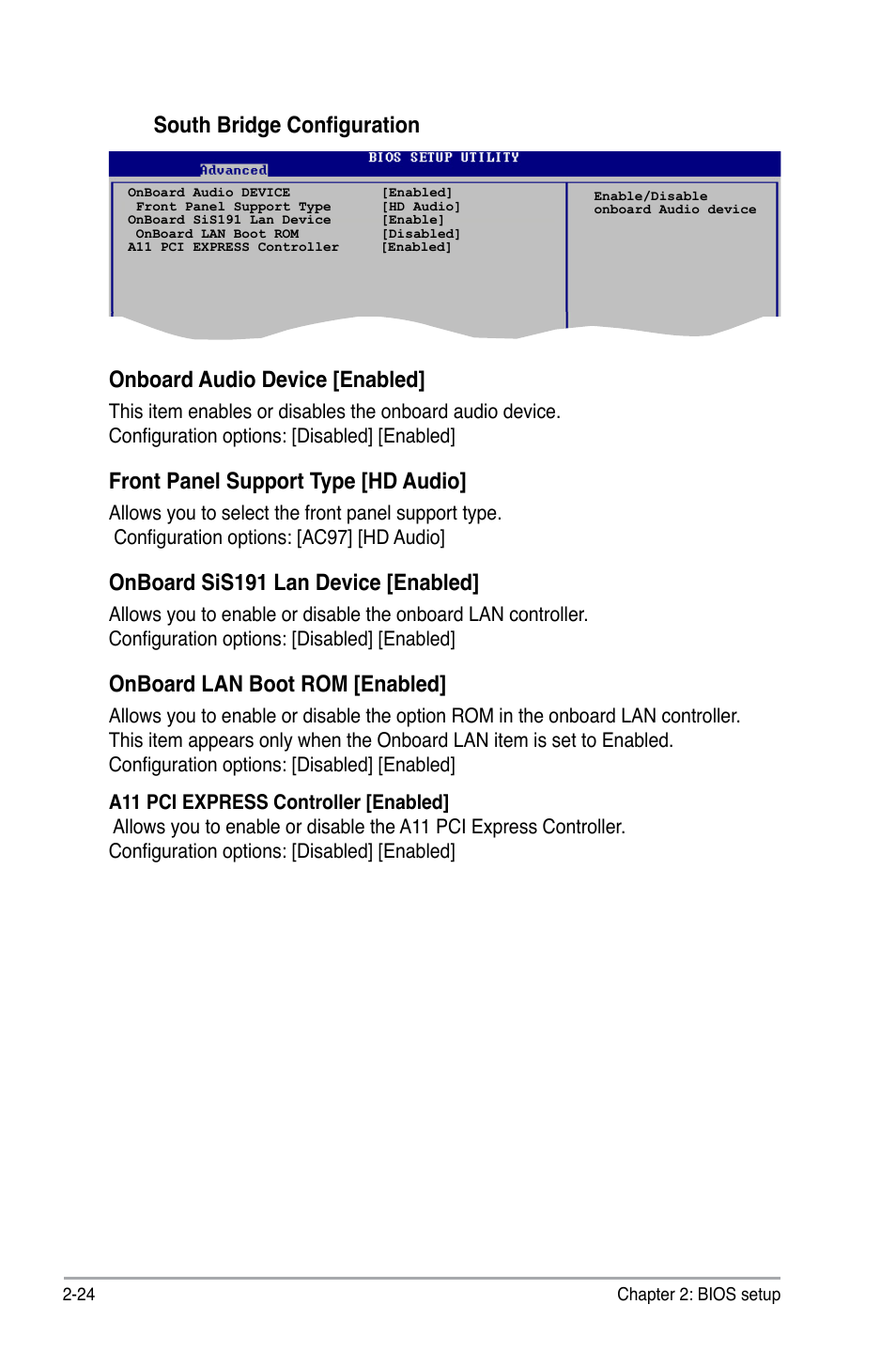 South bridge configuration, Onboard audio device [enabled, Front panel support type [hd audio | Onboard sis191 lan device [enabled, Onboard lan boot rom [enabled | Asus P5SD2-A User Manual | Page 72 / 96