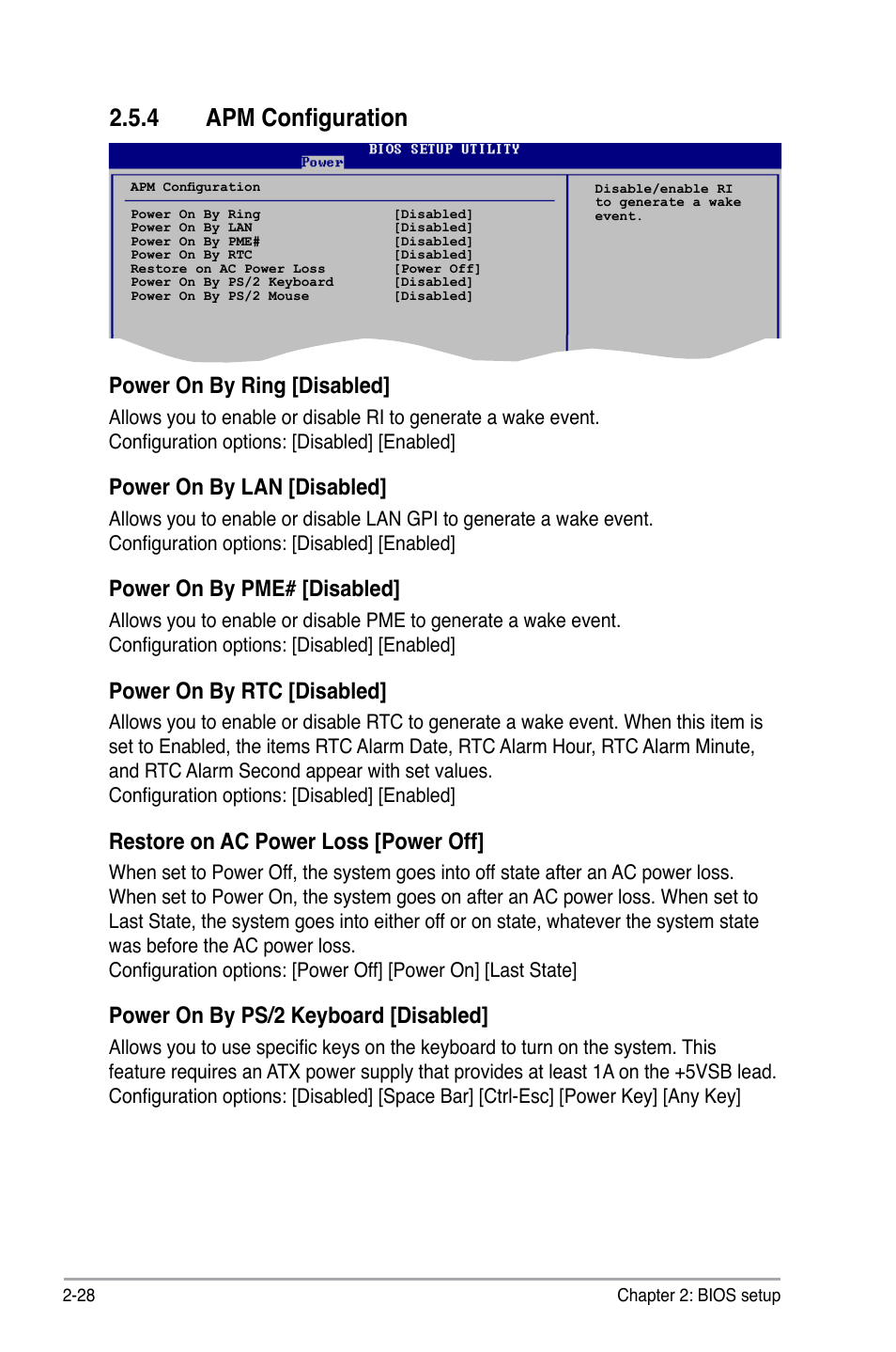4 apm configuration, Power on by ring [disabled, Power on by lan [disabled | Power on by pme# [disabled, Power on by rtc [disabled, Restore on ac power loss [power off, Power on by ps/2 keyboard [disabled | Asus P5SD2-A User Manual | Page 76 / 96