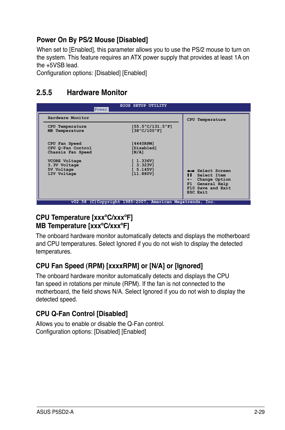 5 hardware monitor, Power on by ps/2 mouse [disabled, Cpu q-fan control [disabled | Asus P5SD2-A User Manual | Page 77 / 96