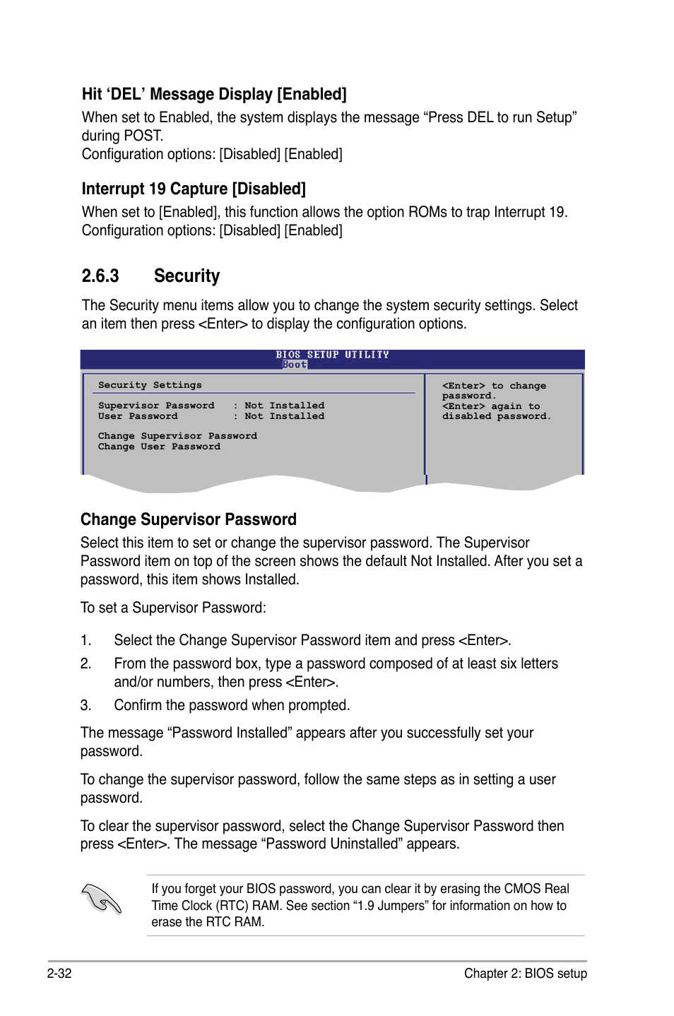 3 security, Hit ‘del’ message display [enabled, Interrupt 19 capture [disabled | Change supervisor password | Asus P5SD2-A User Manual | Page 80 / 96