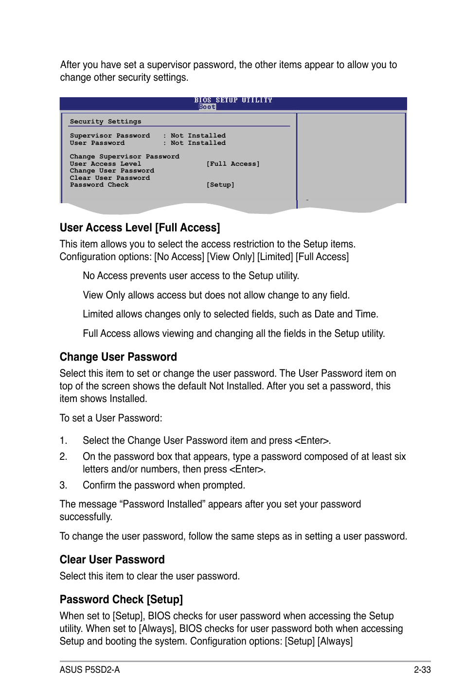 User access level [full access, Change user password, Clear user password | Password check [setup | Asus P5SD2-A User Manual | Page 81 / 96