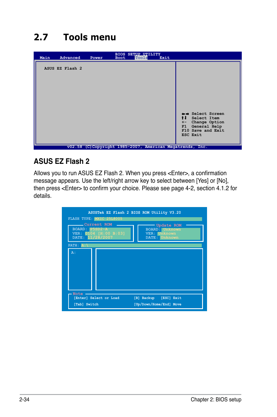 7 tools menu, Asus ez flash 2 | Asus P5SD2-A User Manual | Page 82 / 96