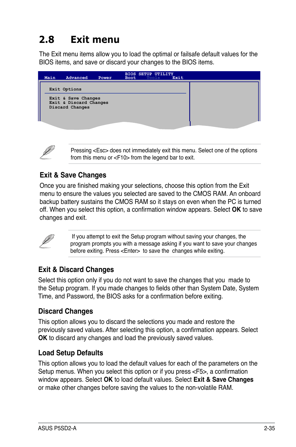 8 exit menu, Exit & discard changes, Discard changes | Load setup defaults, Exit & save changes | Asus P5SD2-A User Manual | Page 83 / 96