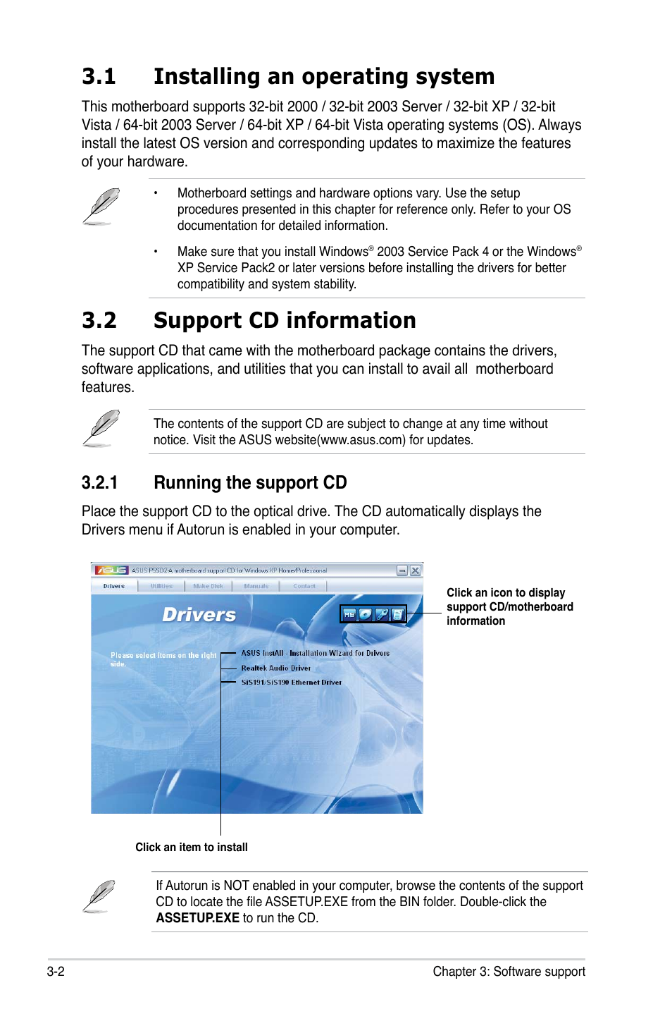 1 installing an operating system, 2 support cd information, 1 running the support cd | Asus P5SD2-A User Manual | Page 86 / 96