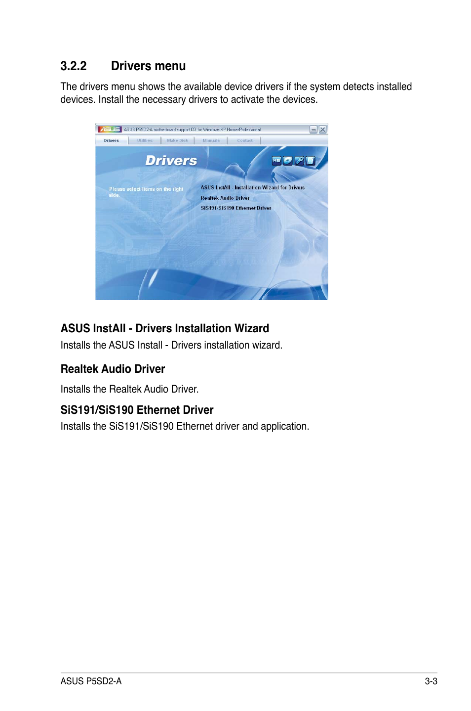 2 drivers menu | Asus P5SD2-A User Manual | Page 87 / 96