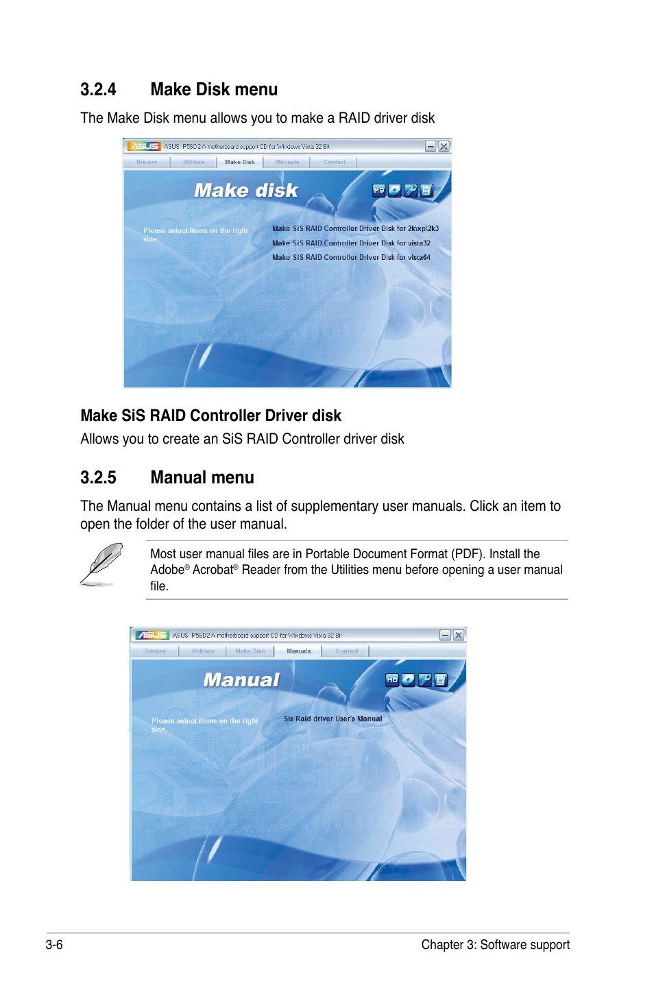 4 make disk menu, 5 manual menu, Make sis raid controller driver disk | Asus P5SD2-A User Manual | Page 90 / 96