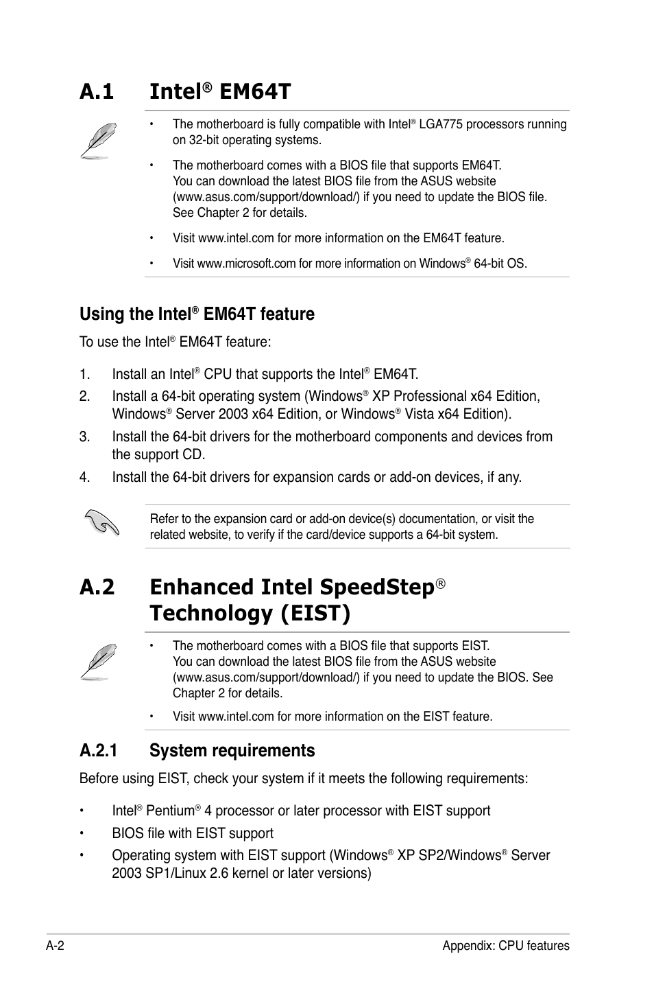 A.1 intel, Em64t, A.2 enhanced intel speedstep | Technology (eist), Using the intel, Em64t feature, A.2.1 system requirements | Asus P5SD2-A User Manual | Page 94 / 96