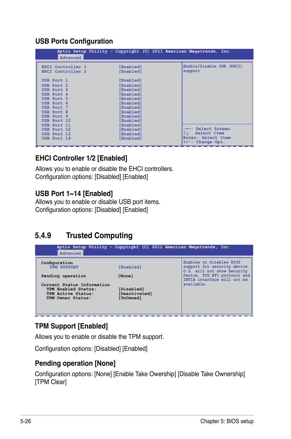 9 trusted computing, Usb ports configuration, Ehci controller 1/2 [enabled | Usb port 1~14 [enabled, Tpm support [enabled, Pending operation [none, 26 chapter 5: bios setup | Asus ESC4000 G2 User Manual | Page 100 / 200