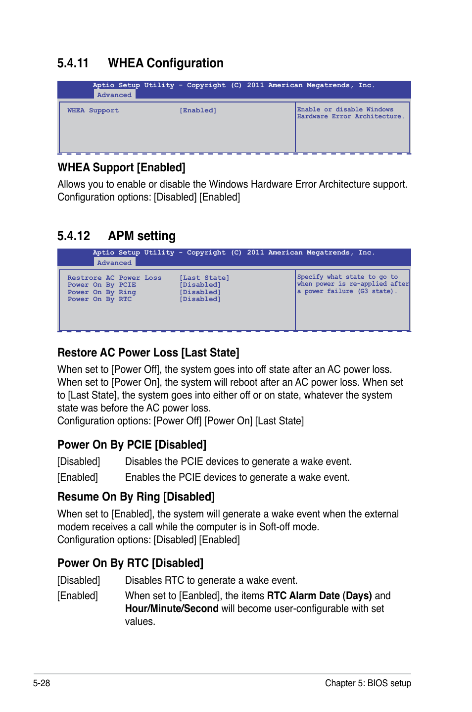 11 whea configuration, 12 apm setting, Whea support [enabled | Restore ac power loss [last state, Power on by pcie [disabled, Resume on by ring [disabled, Power on by rtc [disabled | Asus ESC4000 G2 User Manual | Page 102 / 200