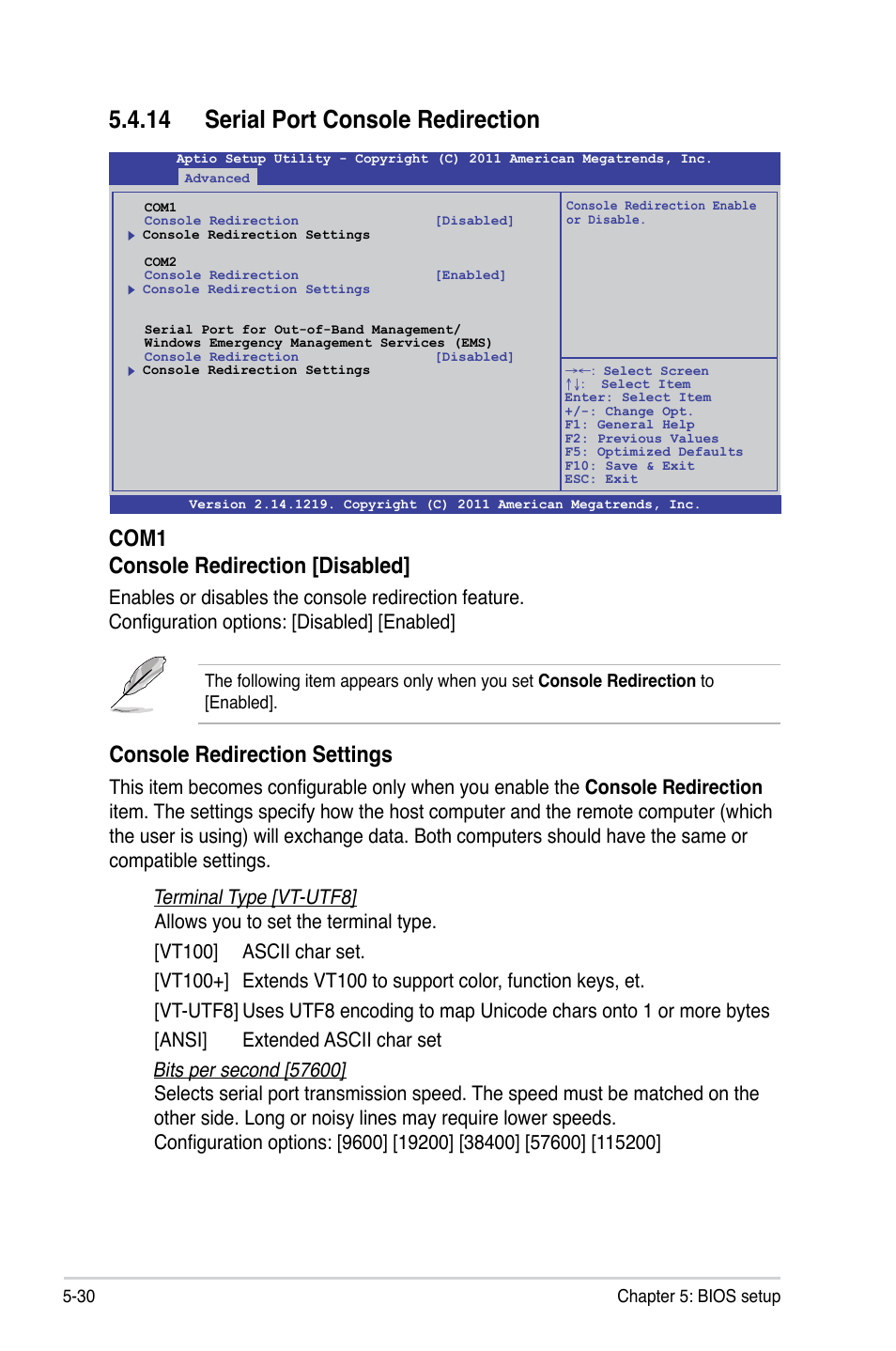 14 serial port console redirection, Console redirection settings, Com1 console redirection [disabled | Asus ESC4000 G2 User Manual | Page 104 / 200