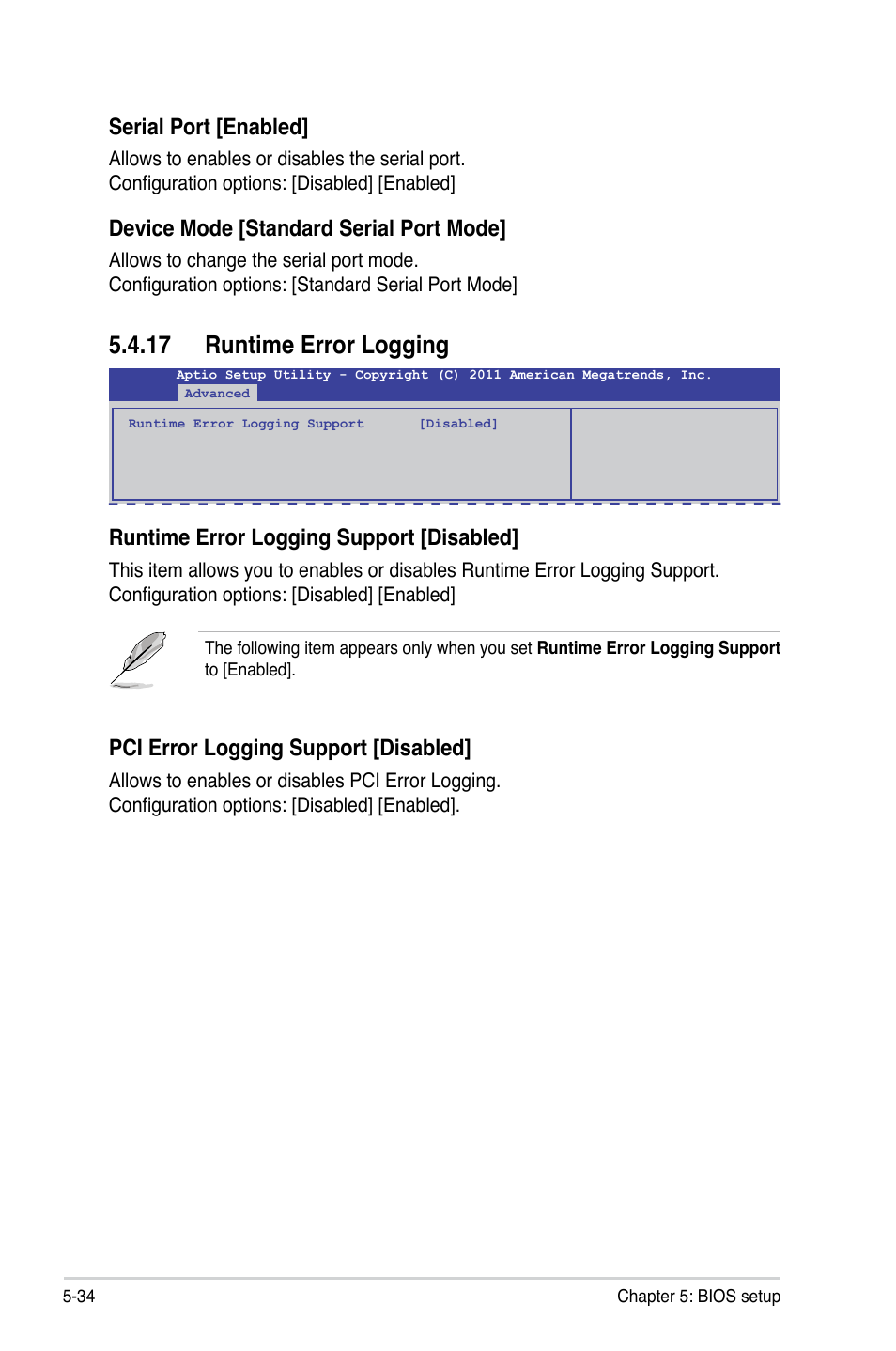 17 runtime error logging, Runtime error logging support [disabled, Serial port [enabled | Device mode [standard serial port mode, Pci error logging support [disabled | Asus ESC4000 G2 User Manual | Page 108 / 200