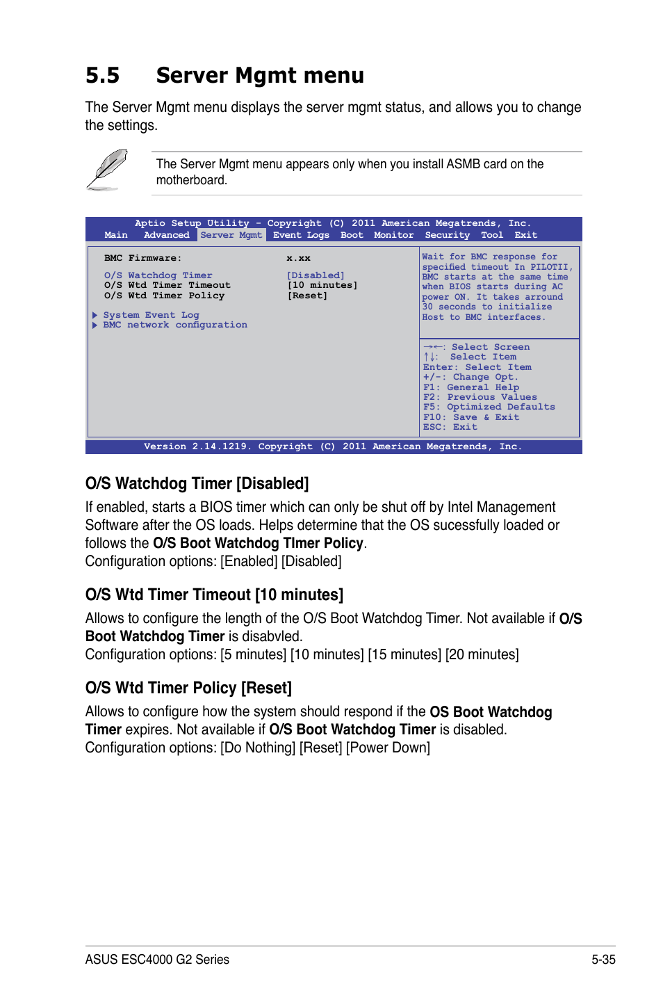 5 server mgmt menu, O/s watchdog timer [disabled, O/s wtd timer timeout [10 minutes | O/s wtd timer policy [reset | Asus ESC4000 G2 User Manual | Page 109 / 200