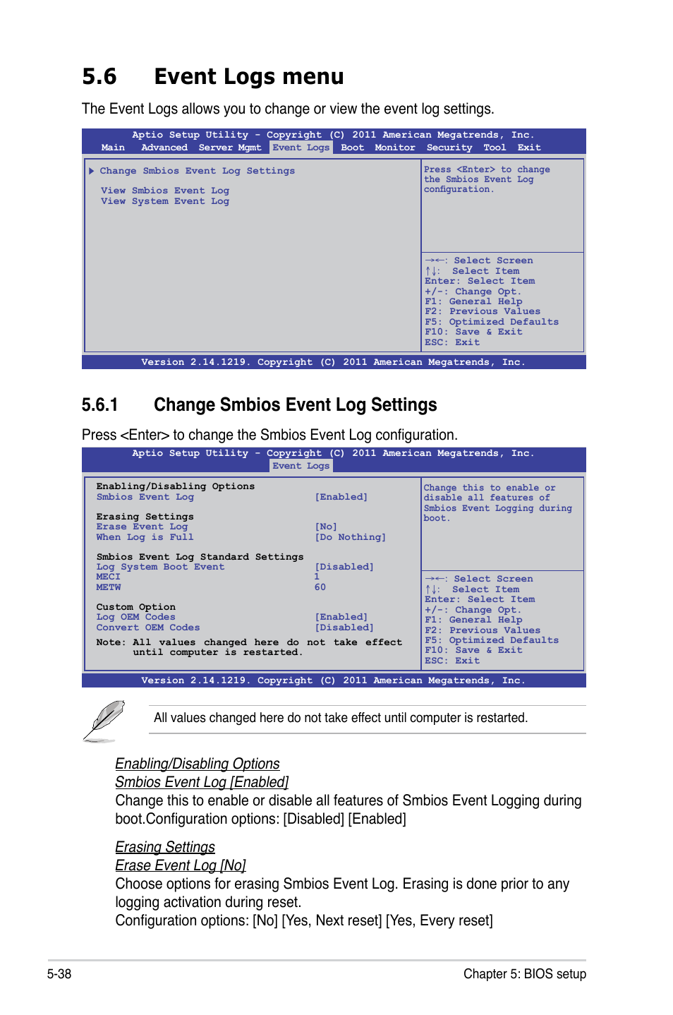 6 event logs menu, 1 change smbios event log settings, 38 chapter 5: bios setup | Asus ESC4000 G2 User Manual | Page 112 / 200