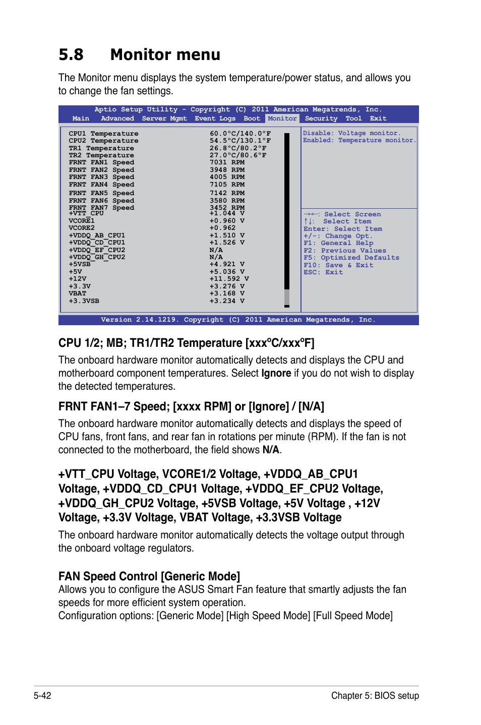 8 monitor menu, Cpu 1/2; mb; tr1/tr2 temperature [xxxºc/xxxºf, Fan speed control [generic mode | Asus ESC4000 G2 User Manual | Page 116 / 200