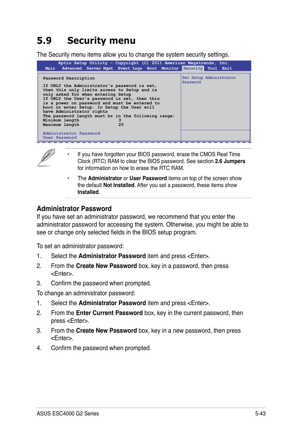 9 security menu, Administrator password | Asus ESC4000 G2 User Manual | Page 117 / 200
