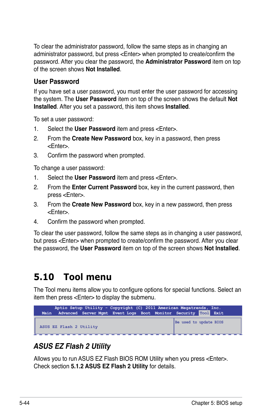 10 tool menu, Asus ez flash 2 utility, User password | Asus ESC4000 G2 User Manual | Page 118 / 200