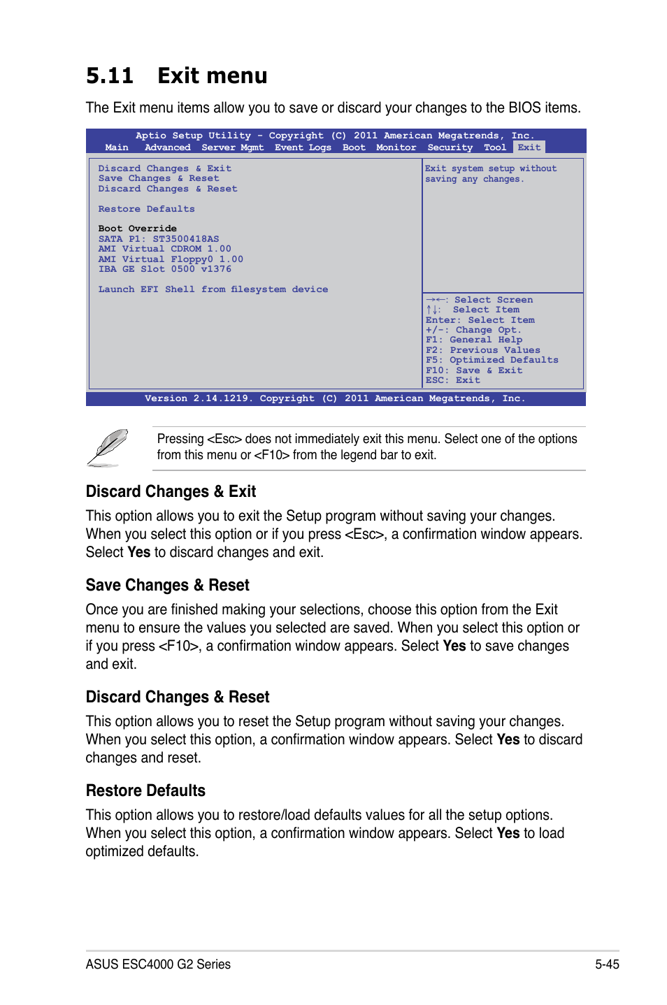 11 exit menu, Discard changes & exit, Save changes & reset | Discard changes & reset, Restore defaults | Asus ESC4000 G2 User Manual | Page 119 / 200