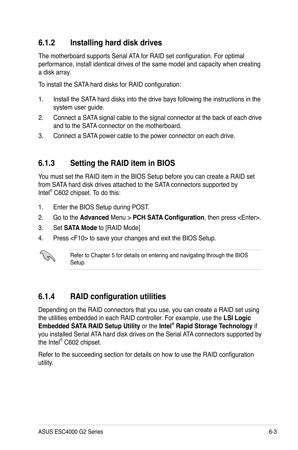 3 setting the raid item in bios, 4 raid configuration utilities, 2 installing hard disk drives | Asus ESC4000 G2 User Manual | Page 123 / 200