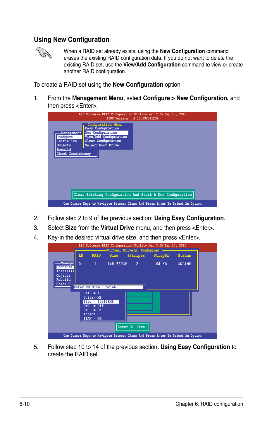 Using new configuration, 10 chapter 6: raid configuration | Asus ESC4000 G2 User Manual | Page 130 / 200