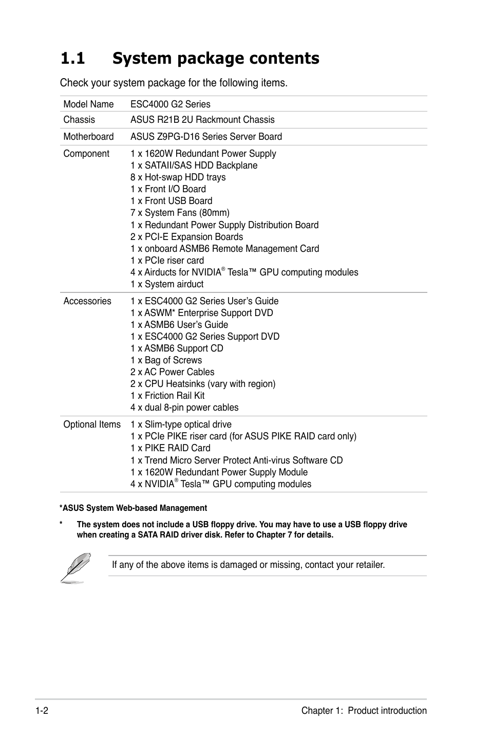 1 system package contents | Asus ESC4000 G2 User Manual | Page 14 / 200