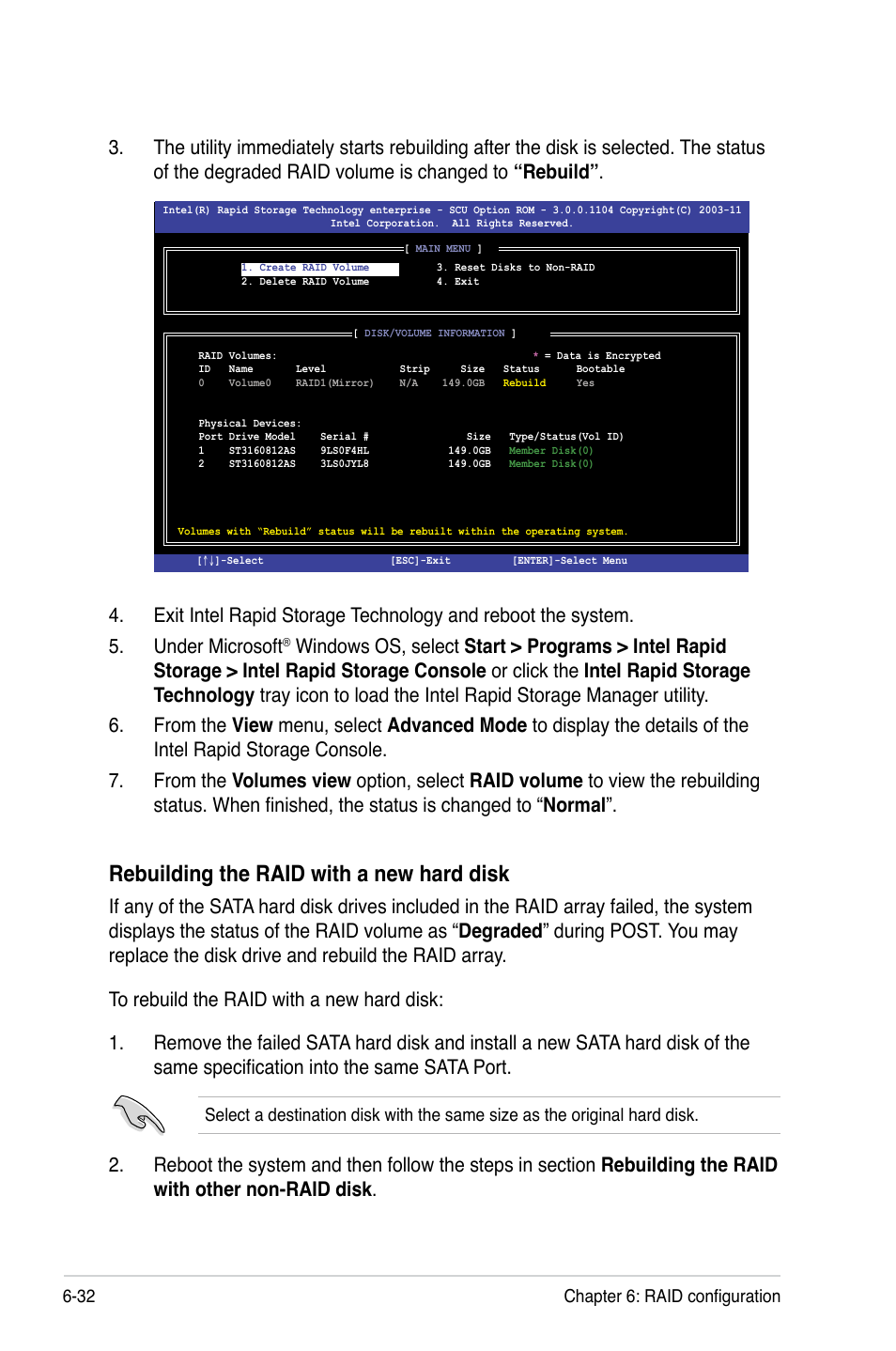 Rebuilding the raid with a new hard disk, 32 chapter 6: raid configuration | Asus ESC4000 G2 User Manual | Page 152 / 200