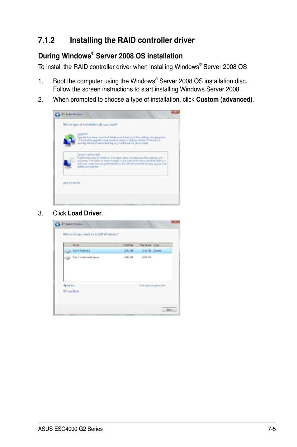 2 installing the raid controller driver, During windows, Server 2008 os installation | Asus ESC4000 G2 User Manual | Page 165 / 200