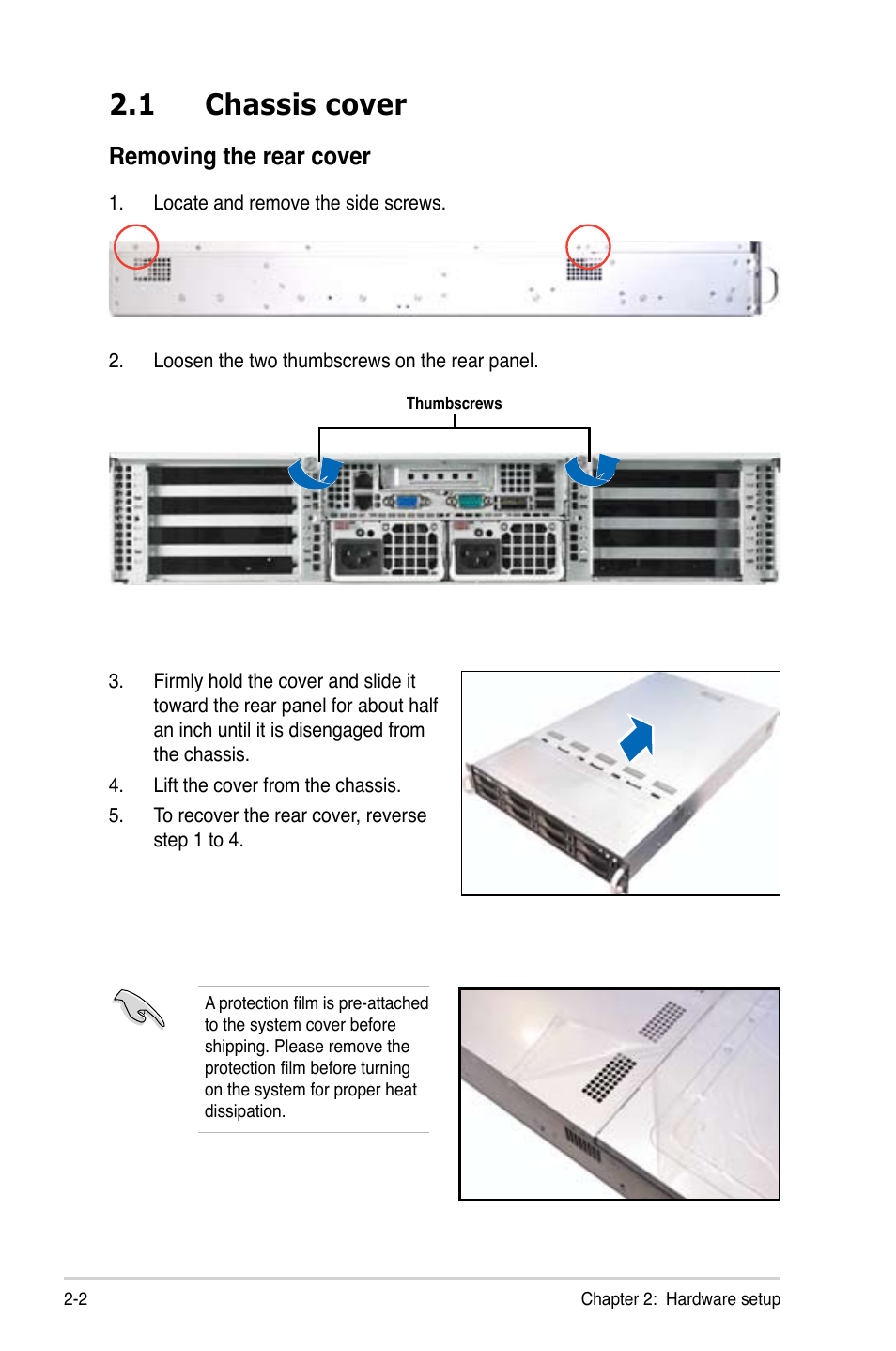 1 chassis cover, Removing the rear cover | Asus ESC4000 G2 User Manual | Page 24 / 200
