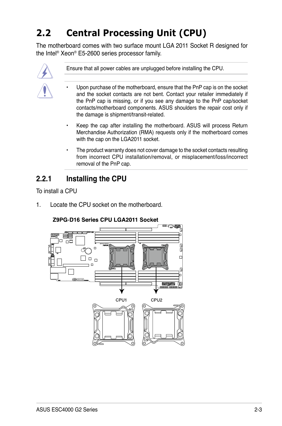2 central processing unit (cpu), 1 installing the cpu | Asus ESC4000 G2 User Manual | Page 25 / 200