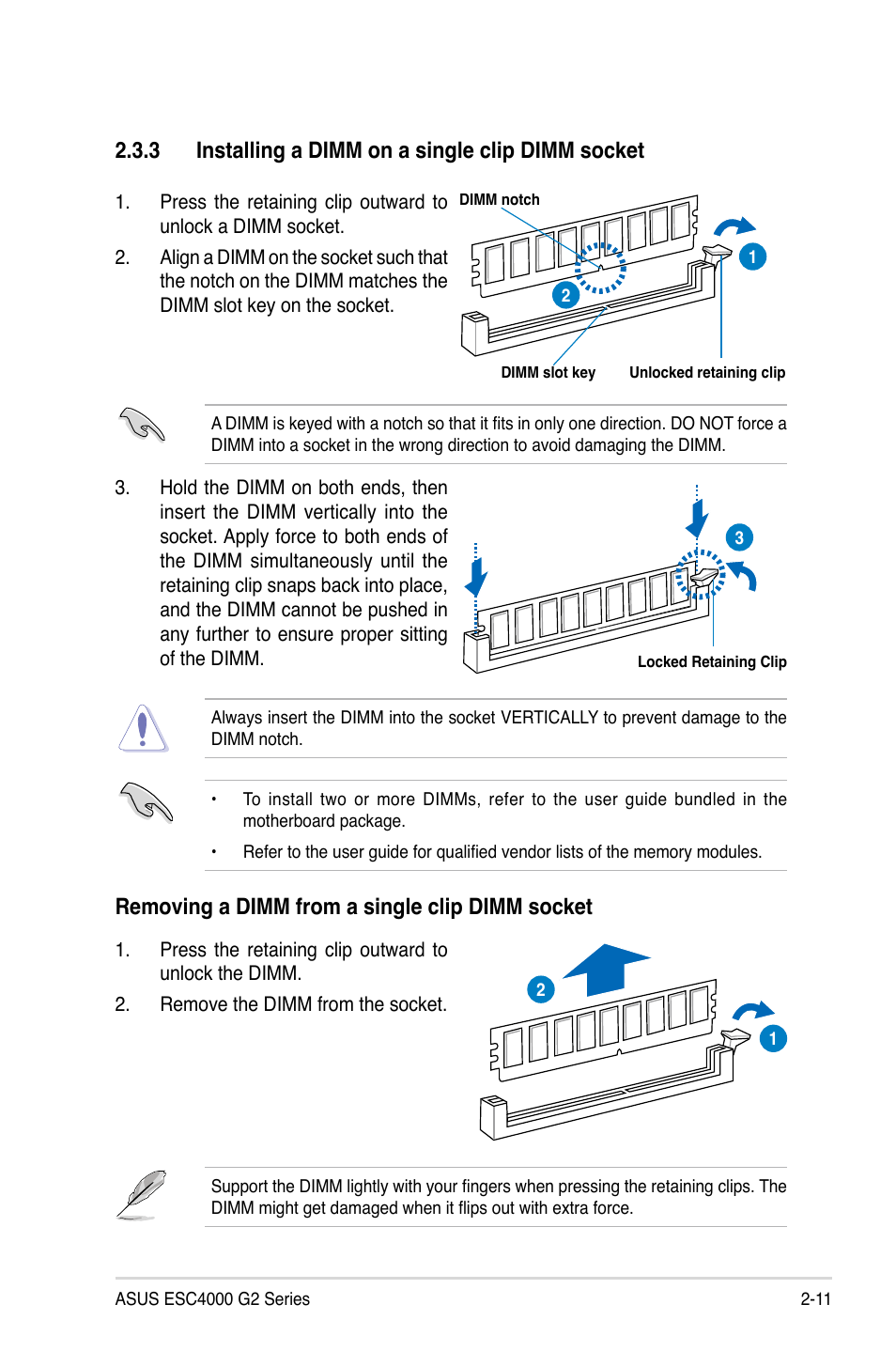 3 installing a dimm on a single clip dimm socket, Removing a dimm from a single clip dimm socket | Asus ESC4000 G2 User Manual | Page 33 / 200