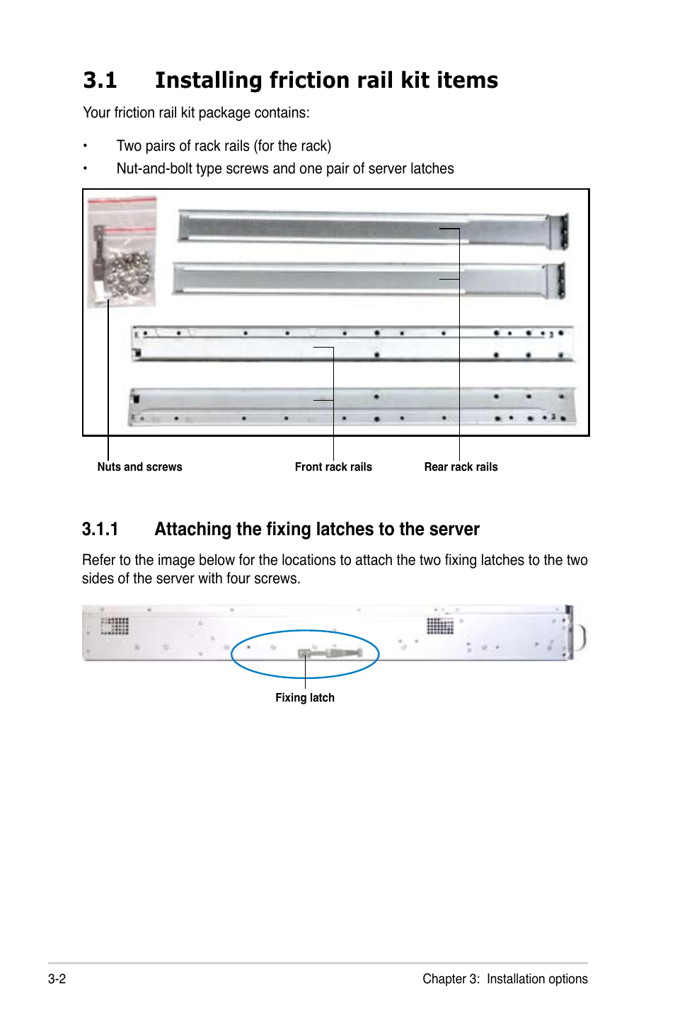 1 installing friction rail kit items, 1 attaching the fixing latches to the server | Asus ESC4000 G2 User Manual | Page 54 / 200