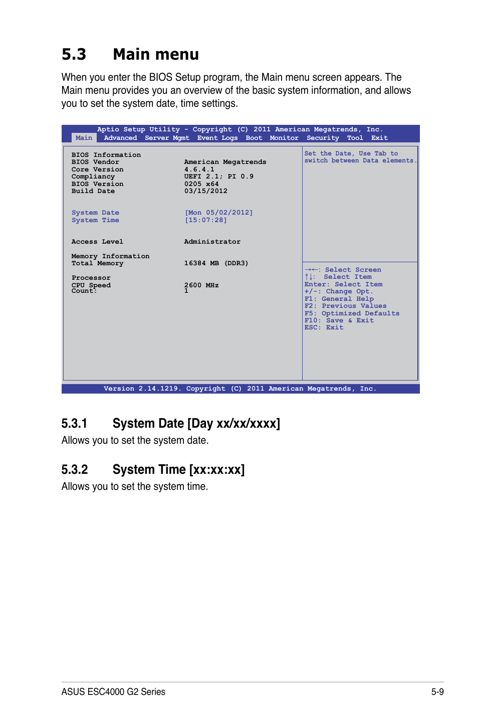 3 main menu, 2 system time [xx:xx:xx, Allows you to set the system date | Allows you to set the system time | Asus ESC4000 G2 User Manual | Page 83 / 200