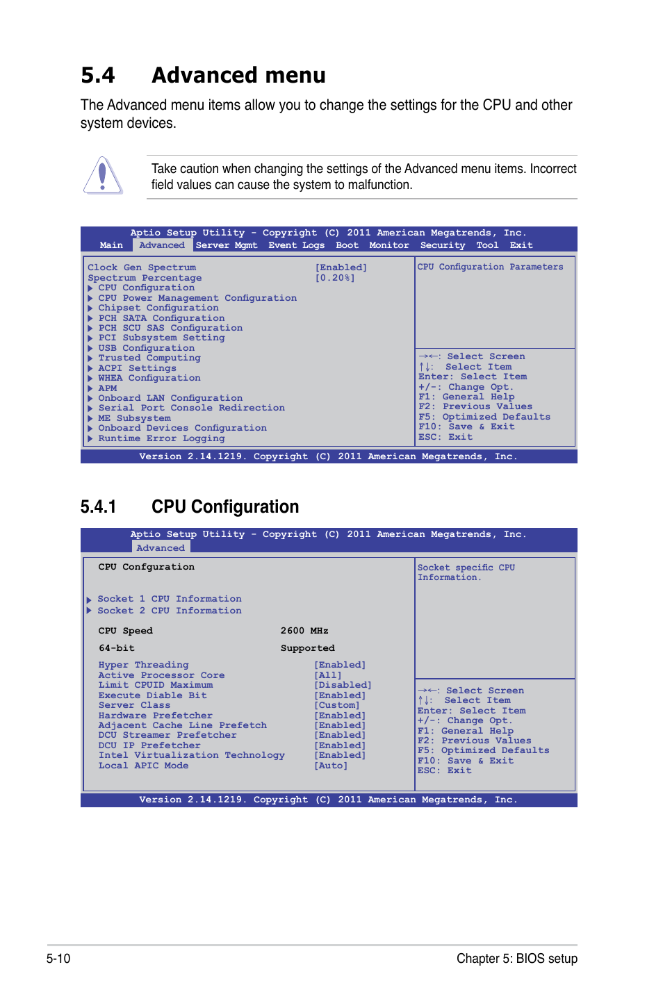 4 advanced menu, 1 cpu configuration, 10 chapter 5: bios setup | Asus ESC4000 G2 User Manual | Page 84 / 200
