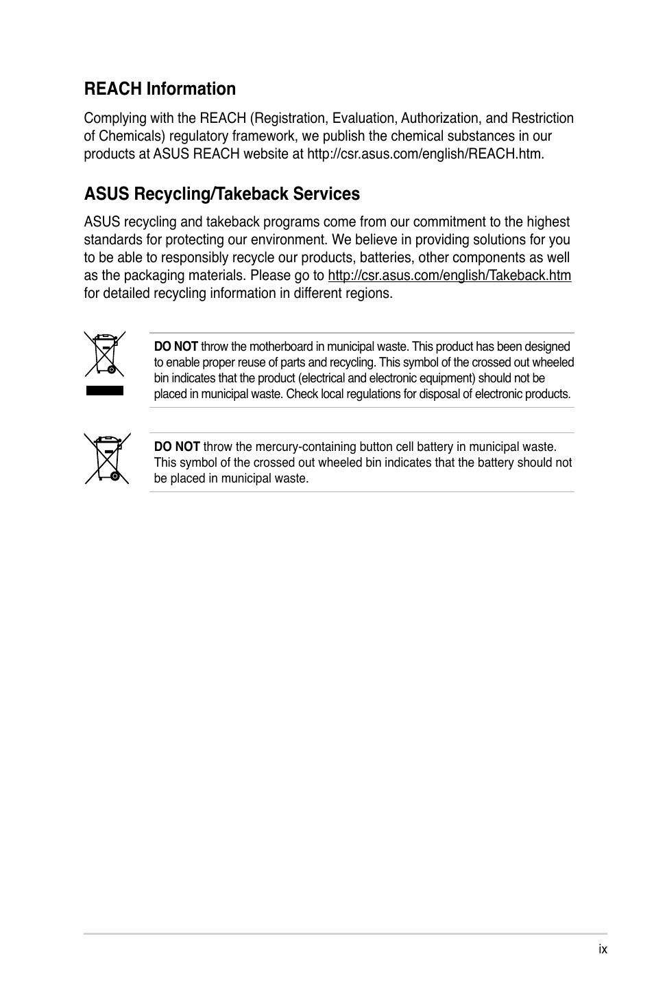 Reach information, Asus recycling/takeback services | Asus ESC4000 G2 User Manual | Page 9 / 200