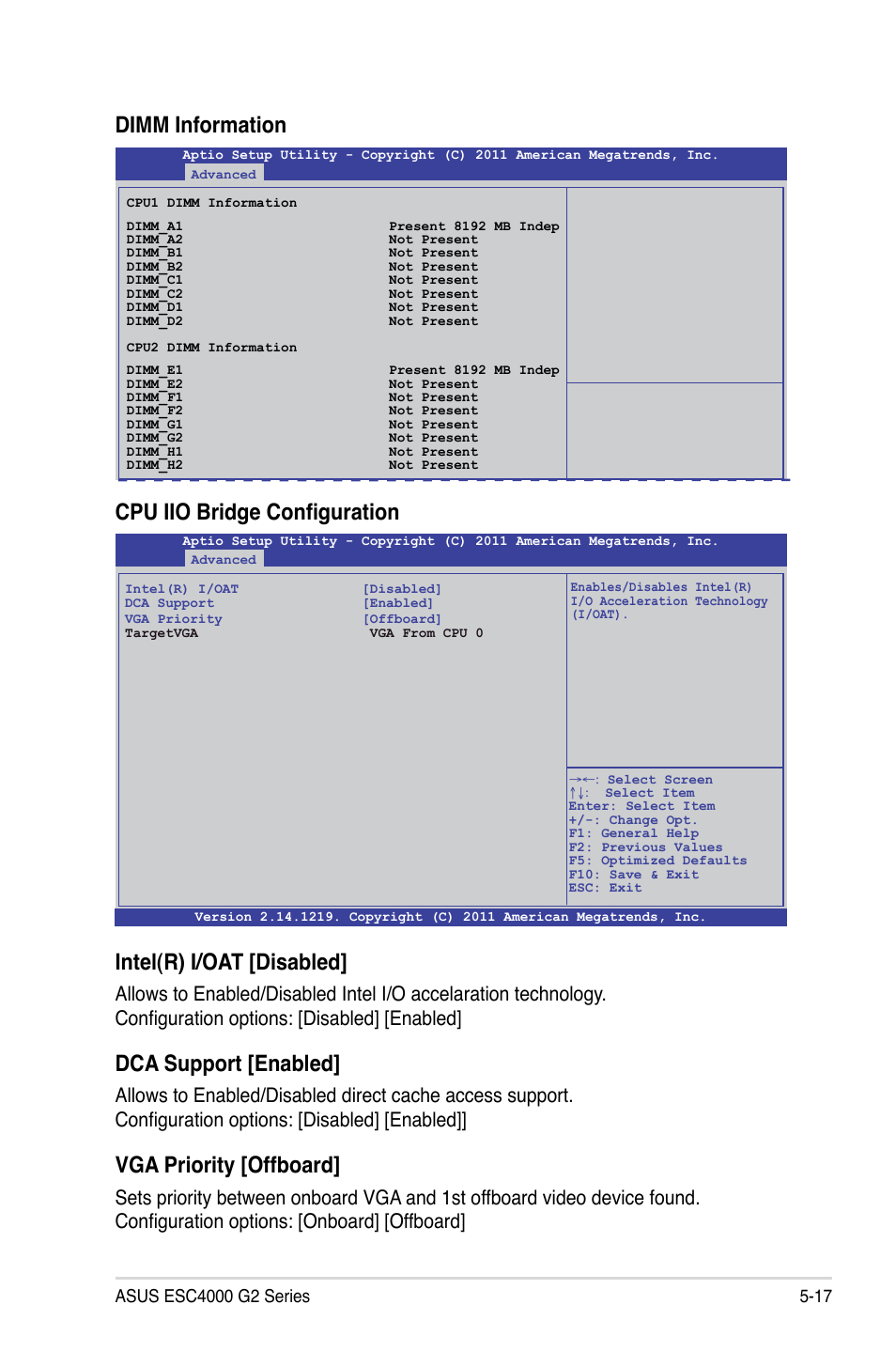 Intel(r) i/oat [disabled, Dca support [enabled, Vga priority [offboard | Cpu iio bridge configuration, Dimm information | Asus ESC4000 G2 User Manual | Page 91 / 200