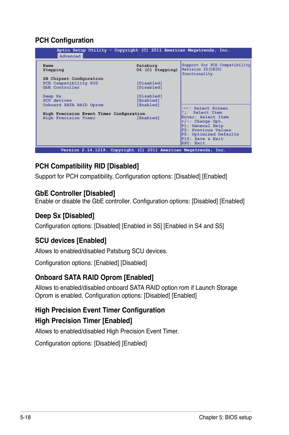 Pch configuration pch compatibility rid [disabled, Gbe controller [disabled, Deep sx [disabled | Scu devices [enabled, Onboard sata raid oprom [enabled | Asus ESC4000 G2 User Manual | Page 92 / 200