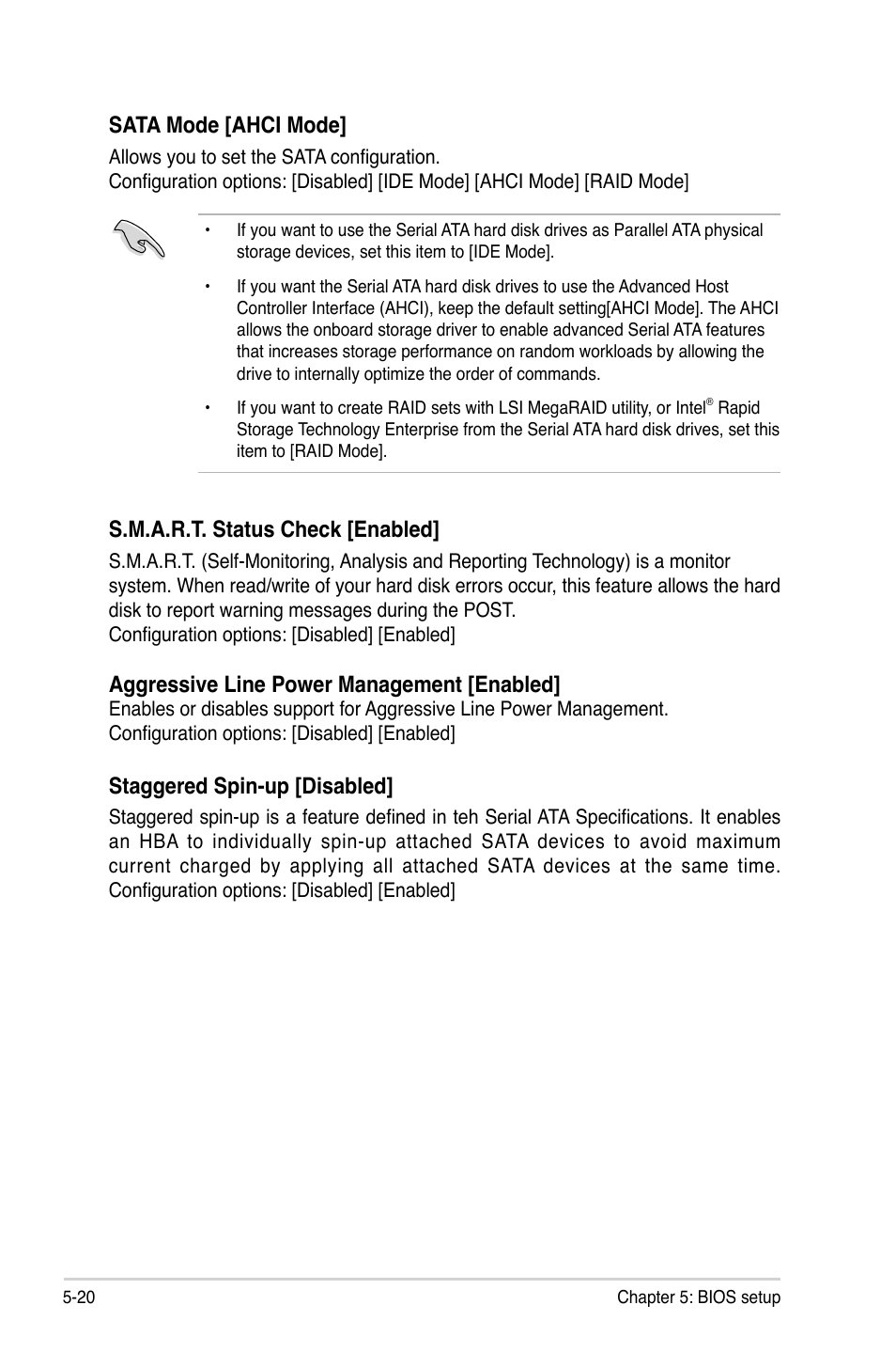 Sata mode [ahci mode, S.m.a.r.t. status check [enabled, Aggressive line power management [enabled | Staggered spin-up [disabled | Asus ESC4000 G2 User Manual | Page 94 / 200