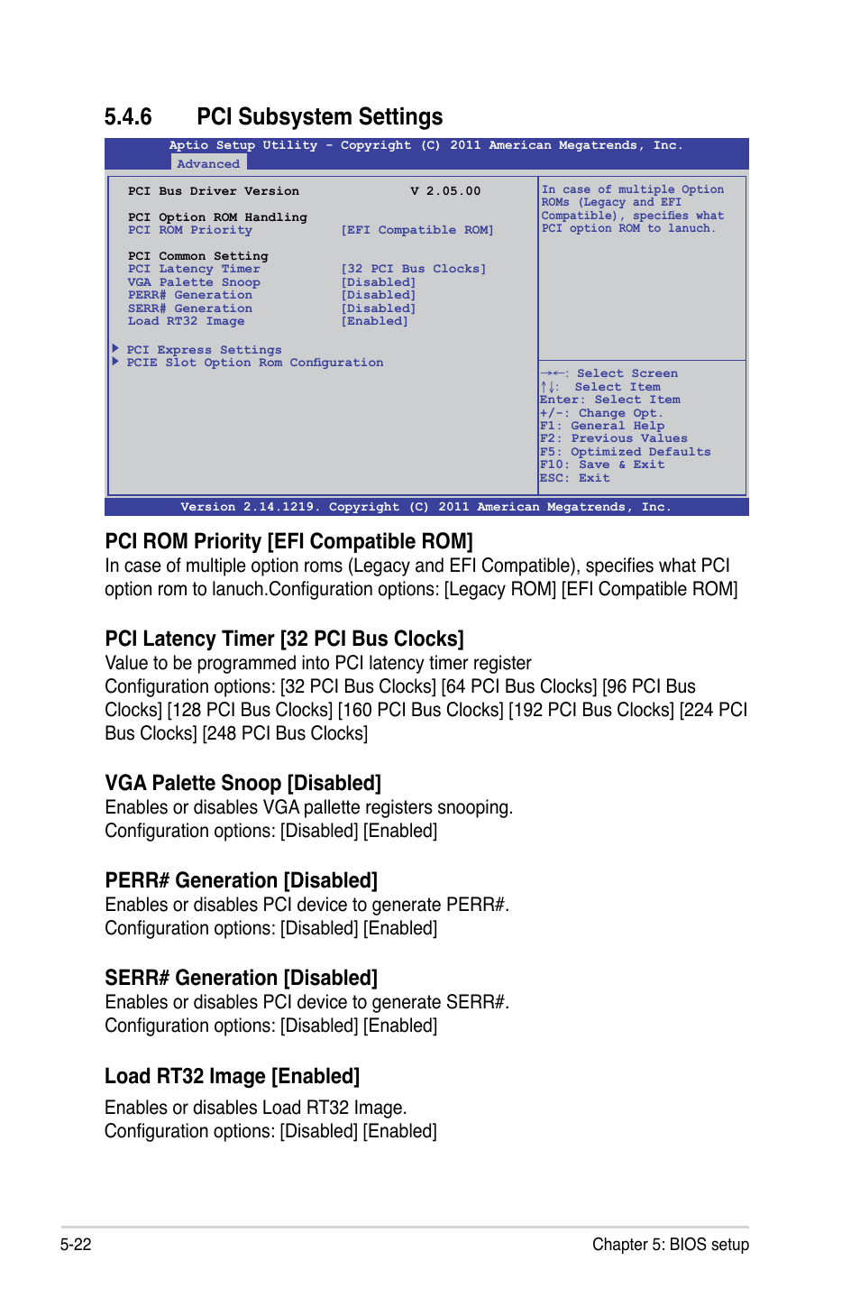 6 pci subsystem settings, Pci rom priority [efi compatible rom, Pci latency timer [32 pci bus clocks | Vga palette snoop [disabled, Perr# generation [disabled, Serr# generation [disabled, Load rt32 image [enabled | Asus ESC4000 G2 User Manual | Page 96 / 200