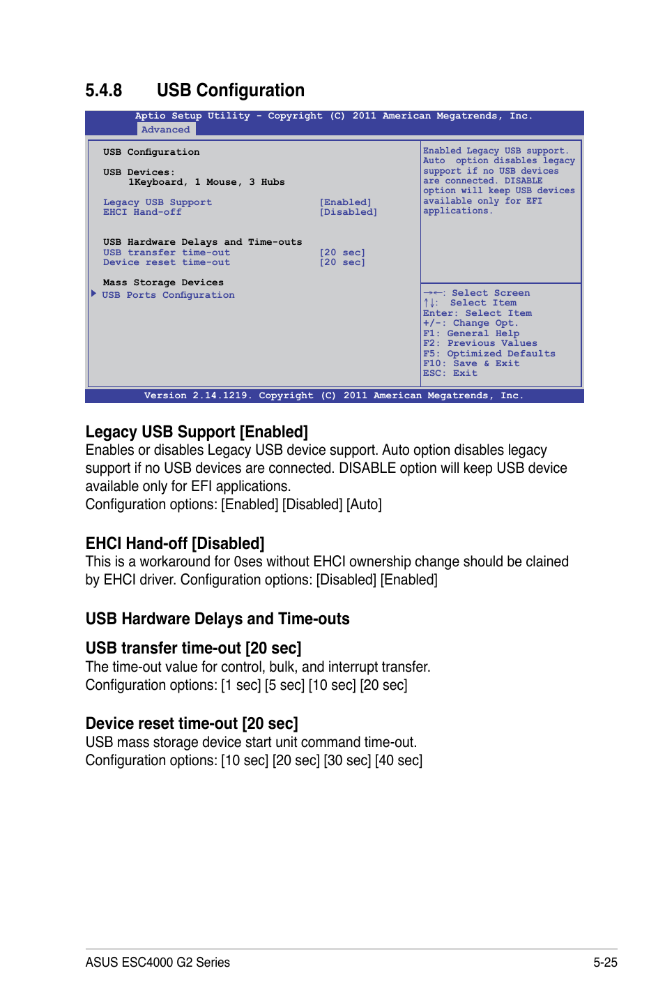 8 usb configuration, Legacy usb support [enabled, Ehci hand-off [disabled | Device reset time-out [20 sec | Asus ESC4000 G2 User Manual | Page 99 / 200
