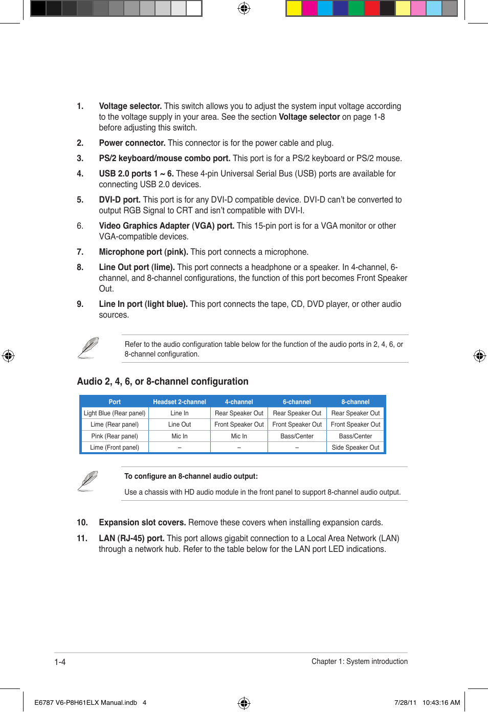 Audio 2, 4, 6, or 8-channel configuration | Asus V6-P8H61ELX User Manual | Page 12 / 72