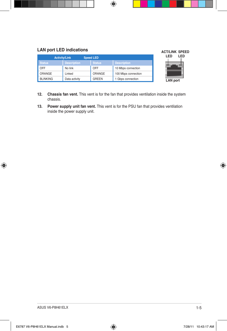 Lan port led indications | Asus V6-P8H61ELX User Manual | Page 13 / 72