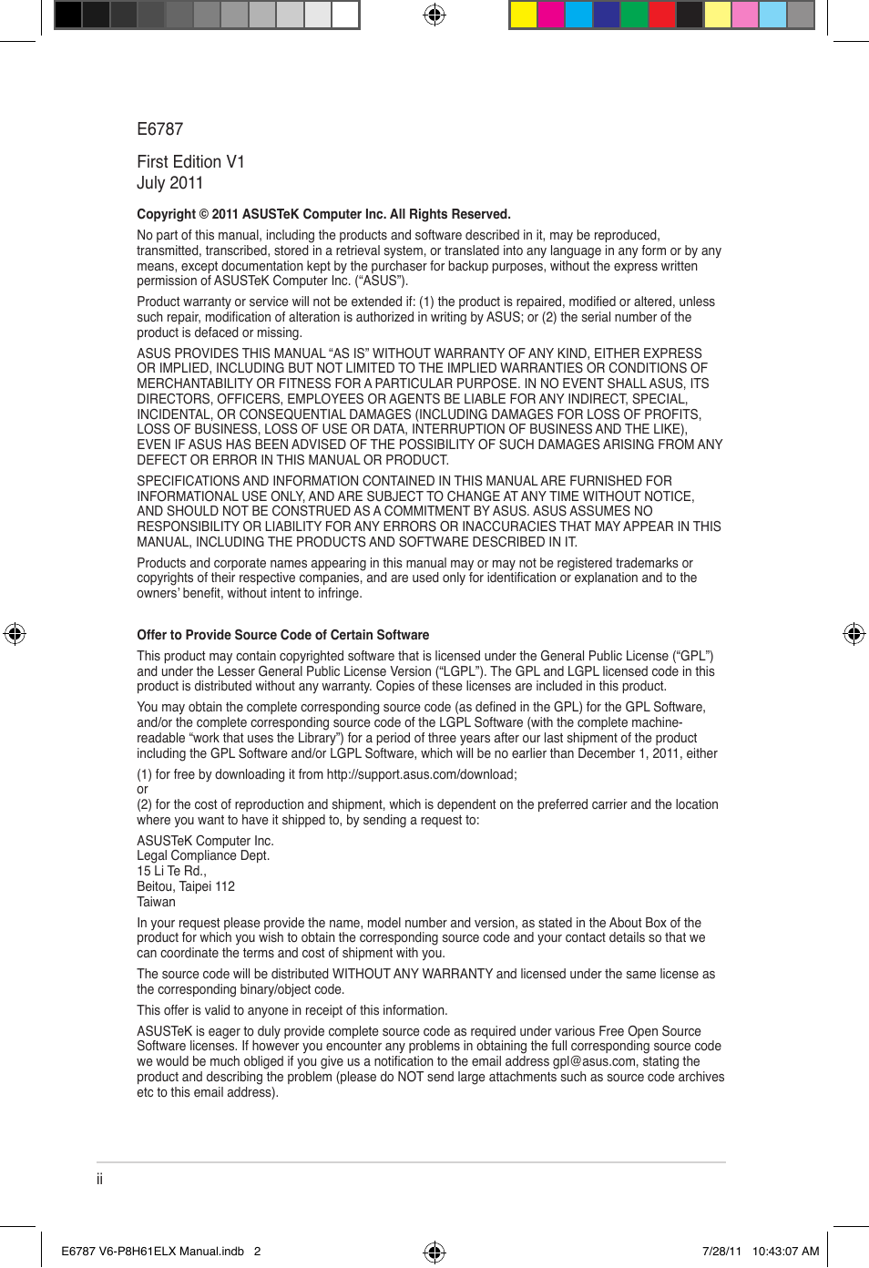 Asus V6-P8H61ELX User Manual | Page 2 / 72