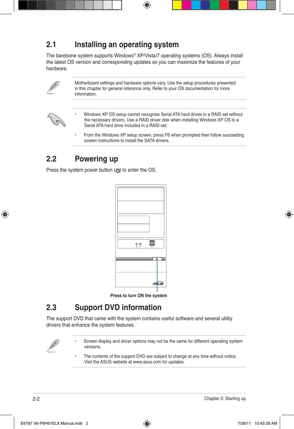 1 installing an operating system, 2 powering up, 3 support dvd information | Installing an operating system -2, Powering up -2, Support dvd information -2 | Asus V6-P8H61ELX User Manual | Page 20 / 72