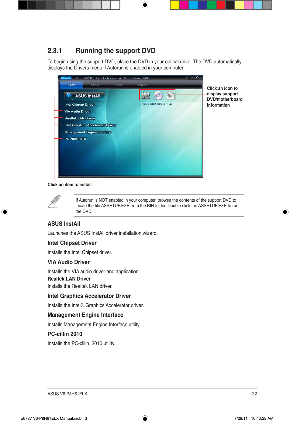 1 running the support dvd, Running the support dvd -3 | Asus V6-P8H61ELX User Manual | Page 21 / 72