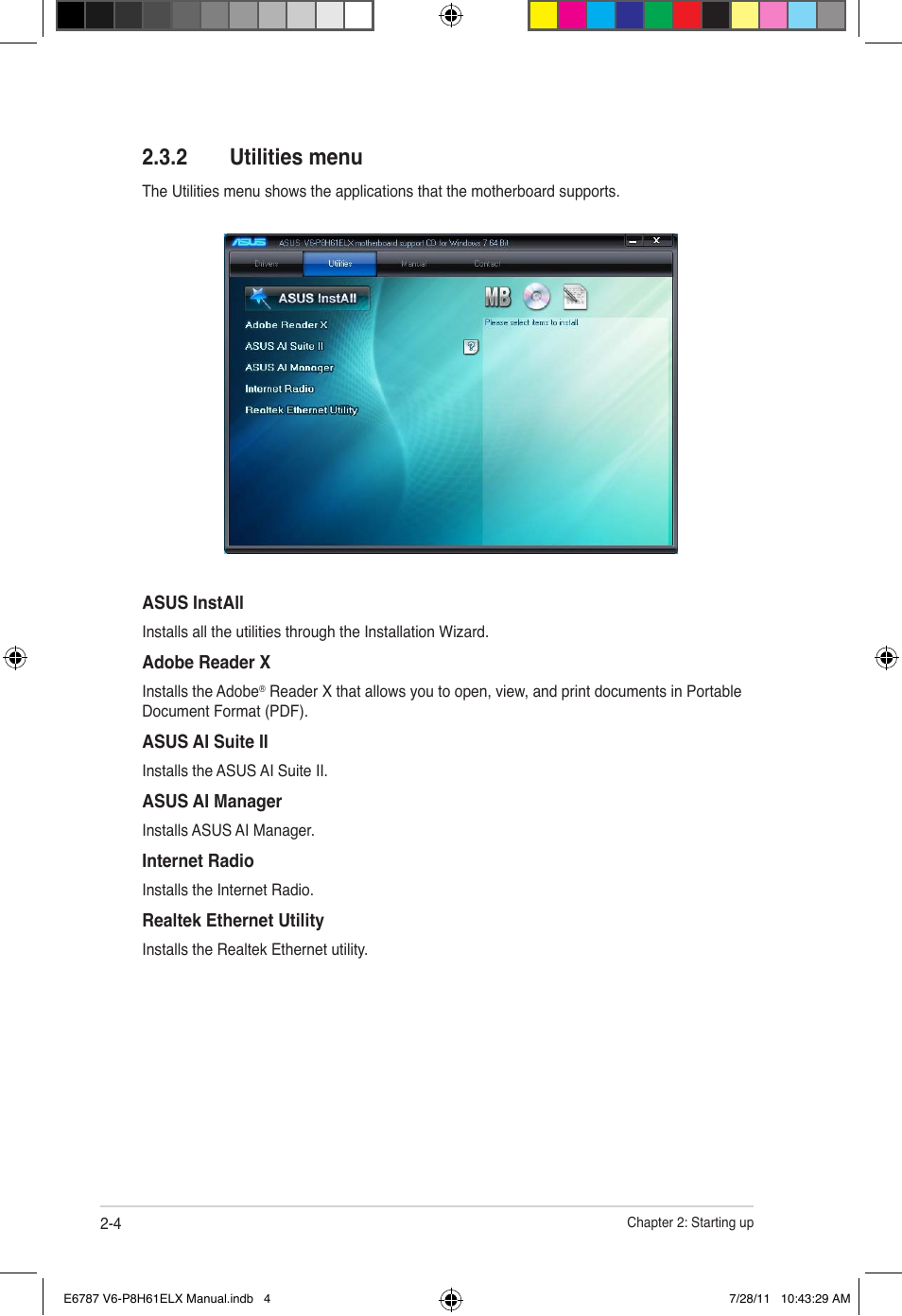 2 utilities menu, Utilities menu -4 | Asus V6-P8H61ELX User Manual | Page 22 / 72