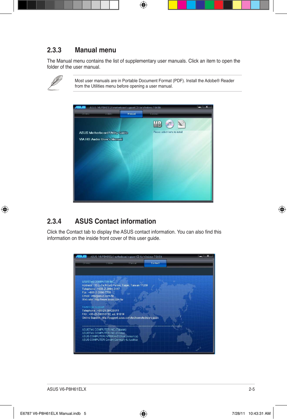 3 manual menu, 4 asus contact information, Manual menu -5 | Asus contact information -5 | Asus V6-P8H61ELX User Manual | Page 23 / 72